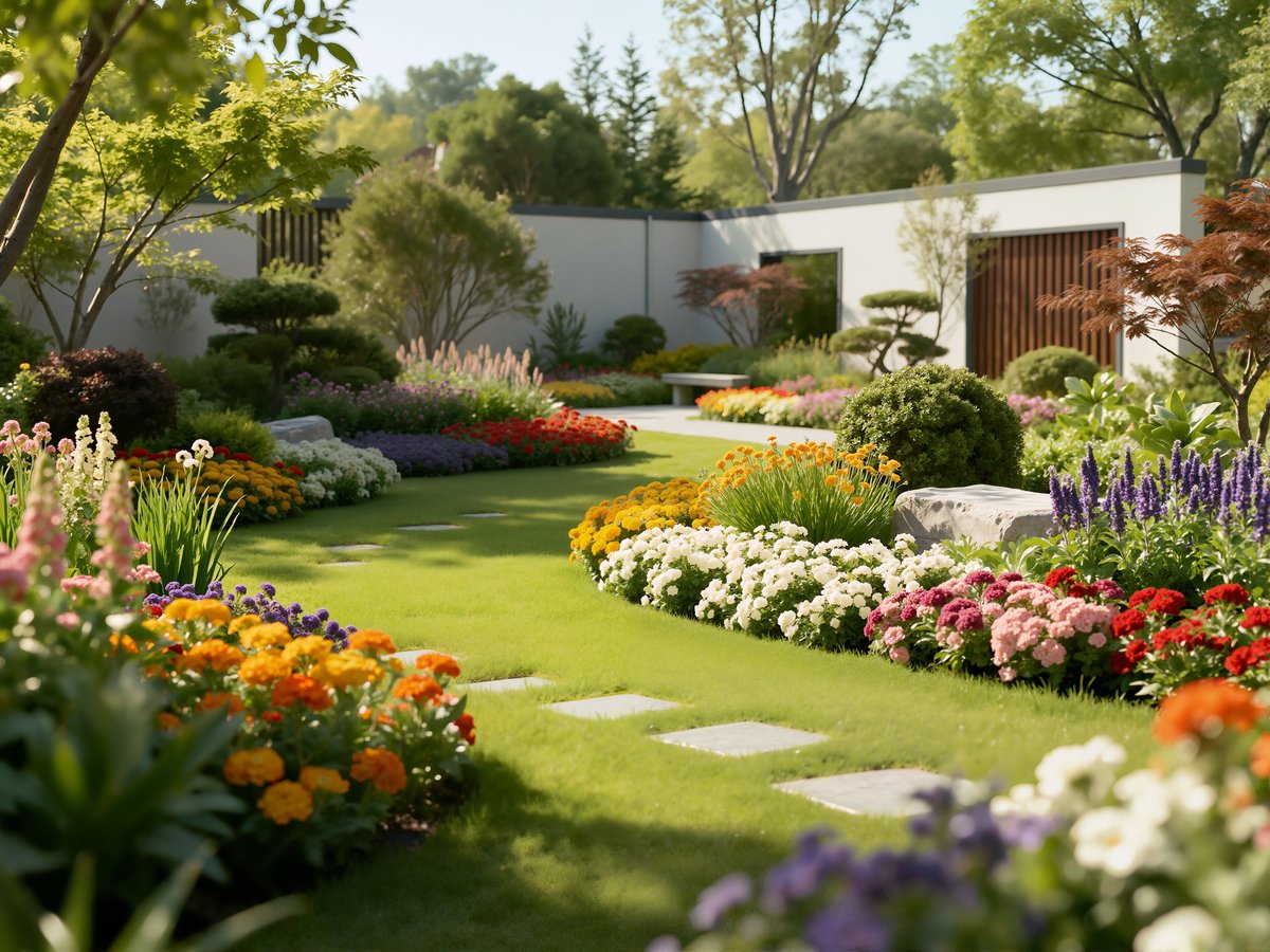 A 3D render of a beautiful contemporary garden featuring square stepping stones on lush green lawn, bordered by vibrant flowering beds and clean white walls.