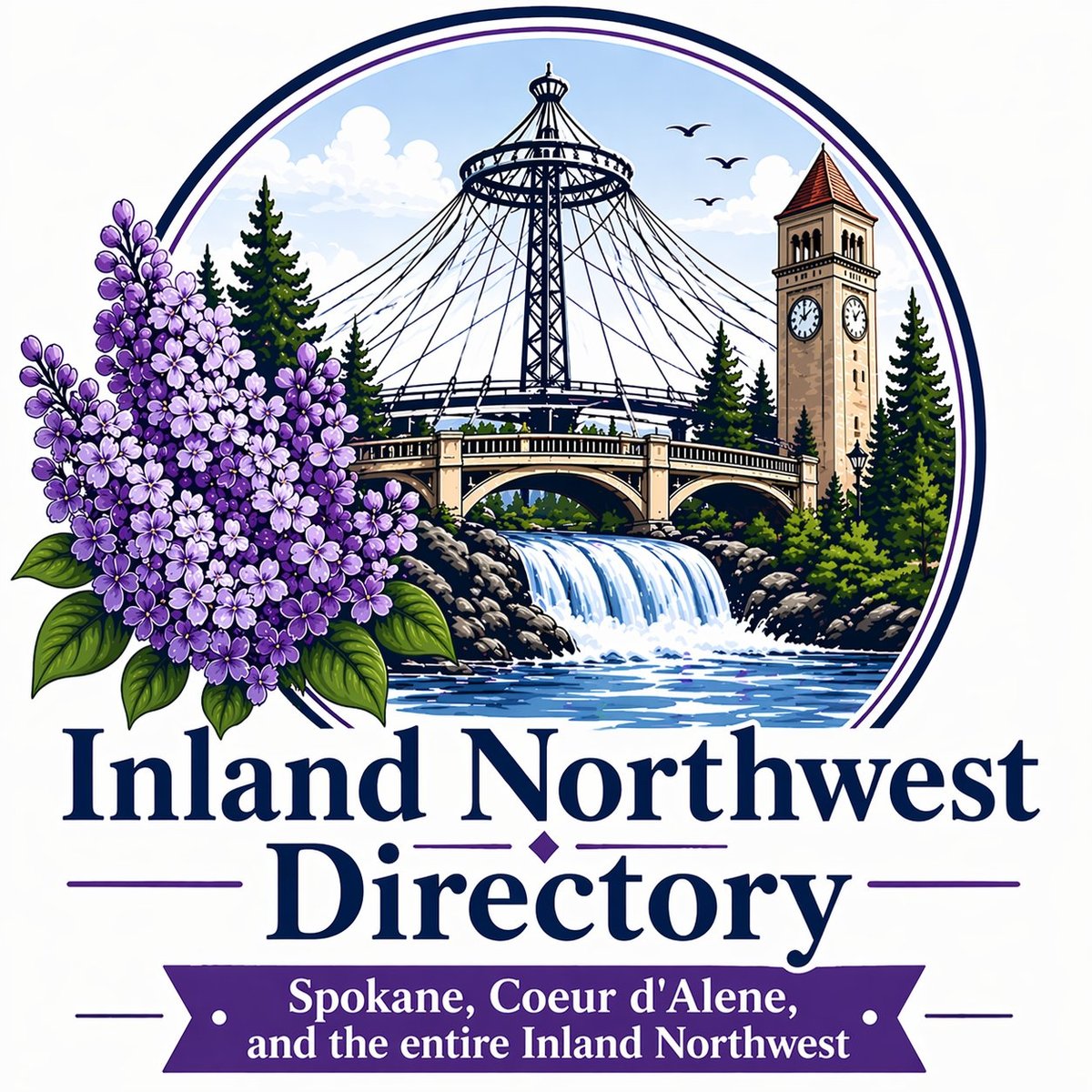 Inland Northwest Directory logo featuring purple lilacs, a historic tower with bridge, waterfall, and evergreen trees.