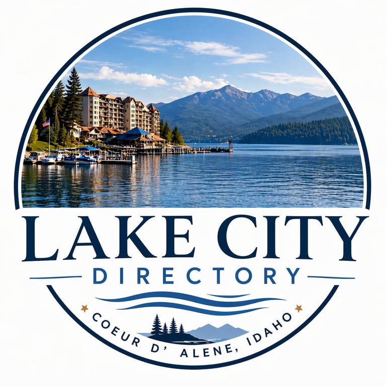 Lake City Directory logo featuring a lakeside resort town with mountains in Coeur dAlene, Idaho